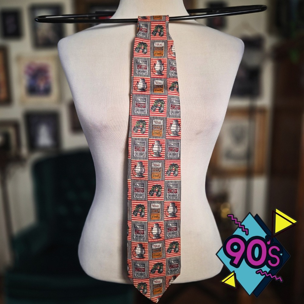 Structure Silk Tie Vintage 90s Mens Red Blue Lantern Binoculars Travel USA Made